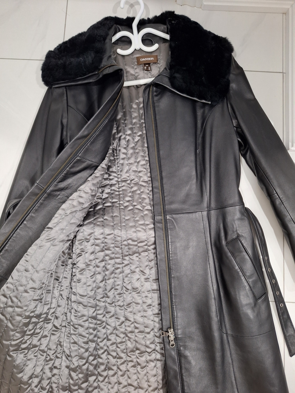 Danier Black Leather Coat with Fur Collar